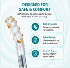 A promotional infographic for PureEar ear-cleaning drops and tools, featuring multiple panels with text, product packaging, a comparison chart, step-by-step usage instructions, and a water splash background. The product shown includes a tube of ear drops, cotton swabs, and a manual ear-cleaning tool.