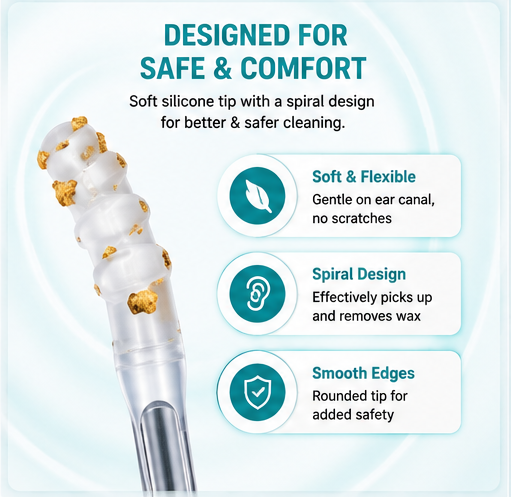 A promotional infographic for PureEar ear-cleaning drops and tools, featuring multiple panels with text, product packaging, a comparison chart, step-by-step usage instructions, and a water splash background. The product shown includes a tube of ear drops, cotton swabs, and a manual ear-cleaning tool.
