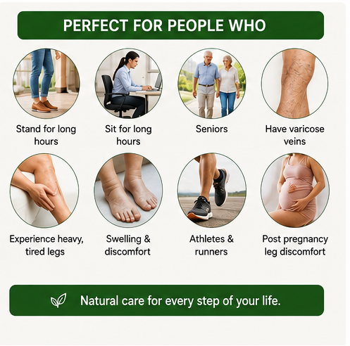 An infographic-style product page for VeinCare Herbal Varicose Vein Relief Patches, showing the product packaging, a leg diagram illustrating patch placement, ingredient callouts, usage steps, and comparison text on a white background.